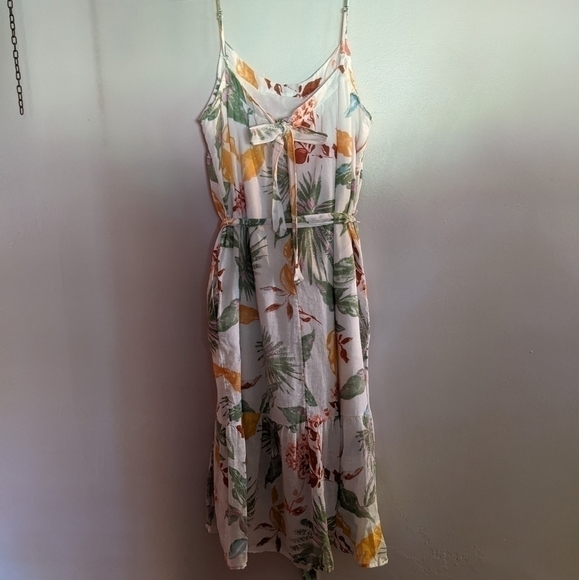 𝅺gap Floral Linen/Cotton Blend Spring Summer Dress Large Tropical Print Dress - Picture 4 of 12